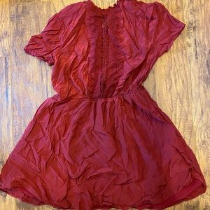 Boho linen lace front high neckline mini dress